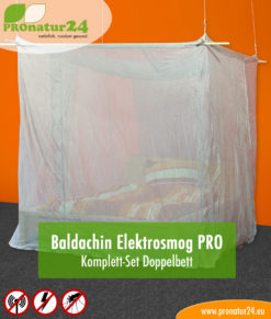 Baldachin SET Elektrosmog PRO fürs Doppelbett - Alles inklusive. Abschirmung HF (Handy, WLAN, LTE, ...) bis 50 dB und Erdung elektrischer Felder NF (Hausstrom).