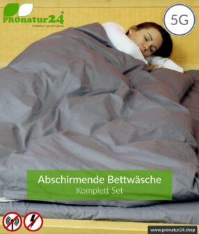 Abschirmende Bettwäsche TBL Set all inclusive. Abschirmung gegen HF Elektrosmog bis zu 41 dB (WLAN, Handy). Erdbar. Wirkungsvoll gegen 5G!