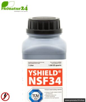 Abschirmfarbe NSF34 | NF Abschirmung bis 40 dB. Schutz vor niederfrequenten elektrischen Felder (Hausstrom). | TÜV SÜD zertifiziert | Erdung notwendig.
