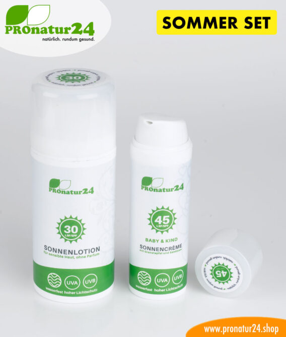 Sonnencreme SOMMER SET: mineralischer Schutz LSF 30 + 45, UVA, UVB, wasserfest. OHNE CHEMIE, OHNE ALLERGENE, uvm.. Ideal fürs NACKT BADEN und FKK!