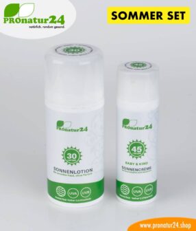 Sonnencreme SOMMER SET: mineralischer Schutz LSF 30 + 45, UVA, UVB, wasserfest. OHNE CHEMIE, OHNE ALLERGENE, uvm.. Ideal fürs NACKT BADEN und FKK!