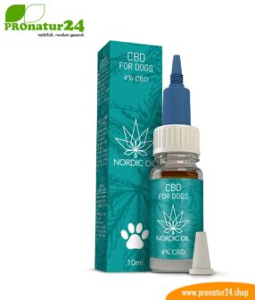CBD Hanföl für HUNDE. Positive Wirkung für die Fellnase mit 4 % CBD Anteil. Ohne THC. Biologisch produziert von Nordic Oil.