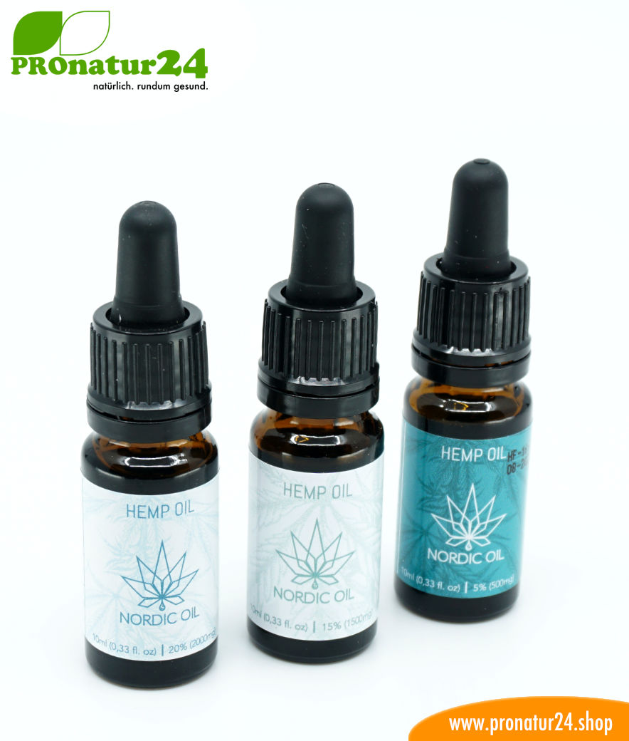 CBD HANFÖL der Cannabis Pflanze mit 15 % CBD Anteil. Ohne THC. Biologisch und vegan produziert von Nordic Oil. 9 CBD Hanföl der Cannabis Pflanze mit 5%, 15% und 20% CBD Anteil. Ohne THC.
