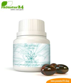 CBD Softgel Kapseln der Cannabis Pflanze mit 10 % CBD Anteil. Ohne THC.