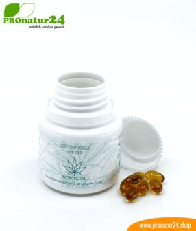 CBD Softgel Kapseln der Cannabis Pflanze mit 10 % CBD Anteil. Ohne THC.