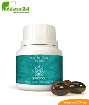 CBD Softgel Kapseln der Cannabis Pflanze mit 4 % CBD Anteil. Ohne THC.
