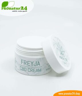 FREJYA CBD Hautcreme. Entwickelt von Nordic Oil als Unterstützung und Hilfe bei Ekzemen (Hautentzündungen) mittels u.a. Cannabidiol. Ohne THC. Vegan.