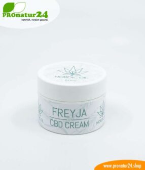 FREJYA CBD Hautcreme. Entwickelt von Nordic Oil als Unterstützung und Hilfe bei Ekzemen (Hautentzündungen) mittels u.a. Cannabidiol. Ohne THC. Vegan.