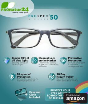 PROSPEK Blaulichtfilter Brille DYNAMIC mit Blendschutz. Professionelle hochwertige PC Brille mit großem Rahmen fürs Arbeiten und Spielen am Computer. Schützt Ihre Augen vor blauem Licht! Erhältlich bei Amazon.