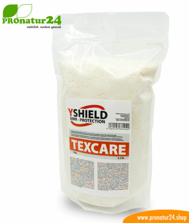 TEXCARE Waschmittel in Pulverform von YShield. Speziell entwickelt für Abschirmstoffe.