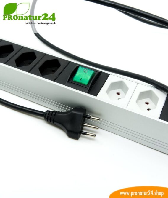 Geschirmte PC Steckdosenleiste SCHWEIZ mit Vollschutz-Filtersystem, 6-fach (4+2) - filtert auch HF bis 80 MHz (PLC Powerline)