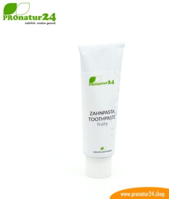 ZAHNPASTA fruity für Kinder. Schmeckt fruchtig nach Mandarine. Ohne Fluor/Fluorid, ohne Zucker* oder künstlichem Süßstoff, ohne schäumende Tenside und vieles mehr.