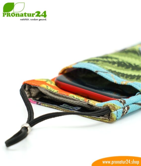 Handytasche eWall für iPhone, Samsung, Huawei, usw. mit Elektrosmog Strahlenschutz inklusive 5G. 3in1 Protection inkl. RFID Datenschutz. Flower Power Design Unikat!