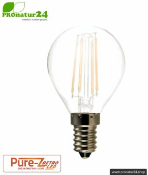 LED Leuchtmittel Filament Pure-Z-Retro BIO LICHT, matt, E14, 3 Watt, 300 Lumen, warmweiß (2700 K). Entspricht 30 Watt Lichtleistung.