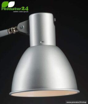 Geschirmte Lampe für Schreibtisch und Arbeitsplatz. Ideale Werkleuchte. 48 Watt. E27. Alu Silber Design. Wähle die Halterung!