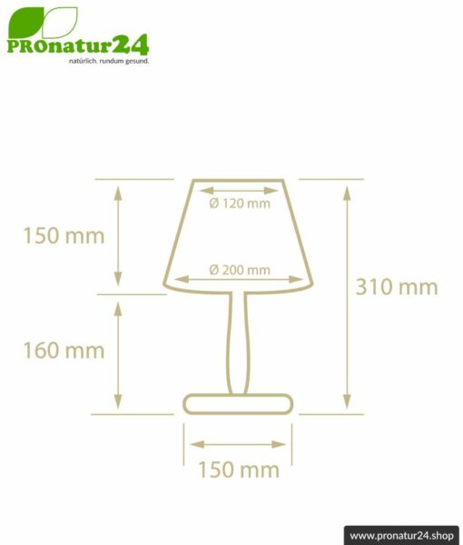 Geschirmte Tischleuchte aus Buchenholz mit Lampenschirm aus Baumwolle natur. 31 cm Höhe, E27 Fassung, 40 Watt.