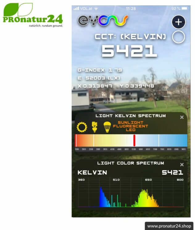 Lightspectrum Pro EVO zur Messung der Farbtemperatur in Kelvin und Darstellung des Farbspektrums. Feedbild.