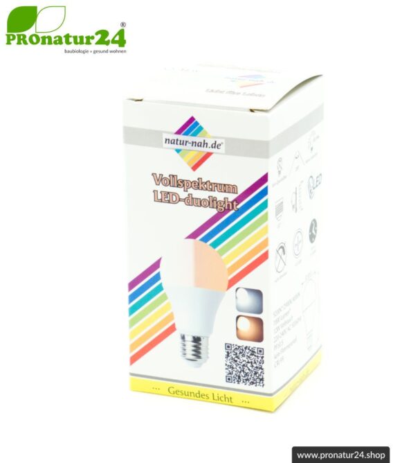 LED Lampe Vollspektrum DuoLight. Natur-nah flimmerfreies Licht mit 12 Watt (wie 100 Watt). 5200 K, 4000 K + 2900 K. 1000 Lumen. E27.
