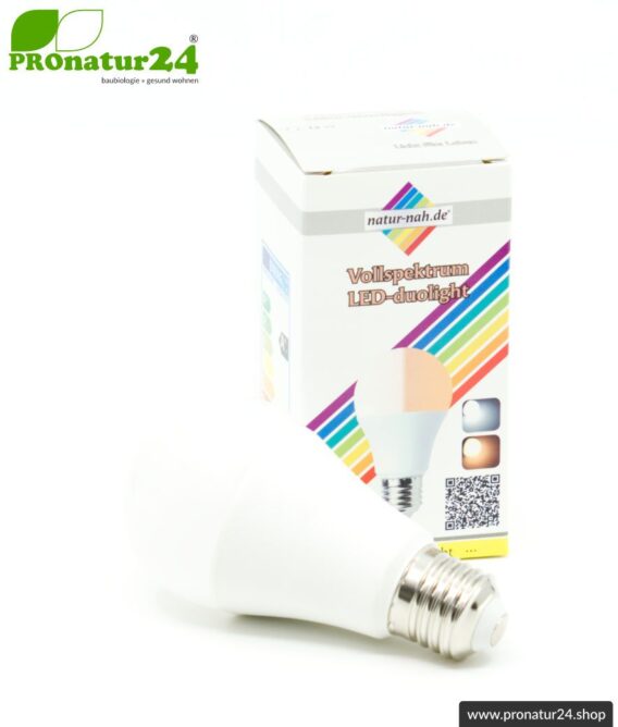 LED Lampe Vollspektrum DuoLight. Natur-nah flimmerfreies Licht mit 12 Watt (wie 100 Watt). 5200 K, 4000 K + 2900 K. 1000 Lumen. E27.