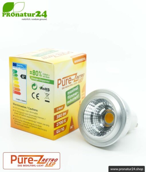 LED SPOT Leuchtmittel Pure-Z-Retro BIO LICHT, klar, GU10, 5 Watt, 380 Lumen, warmweiß (2700 K). Entspricht 40 Watt Lichtleistung.
