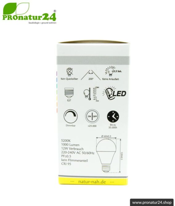 LED Vollspektrum Tageslichtlampe 3step. Natur-nah flimmerfreies Licht mit 12 Watt. Dimmbar ohne Dimmer: Hell wie 100 W, 50 W oder 15 Watt. 5200 Kelvin. E27.