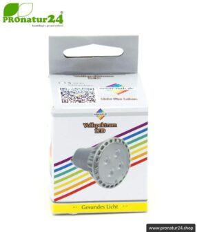 5 Watt LED Vollspektrum Spot. Natur-nah flimmerfreies Licht. Hell wie 35 Watt! 5200 Kelvin. 310 Lumen. GU10 (MR16) Sockel. Dimmbar.