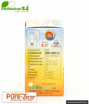9 Watt LED Lampe Pure-Z-Retro Tricolor BIO LICHT. Hell wie 80 Watt. 800-850 Lumen (3000 K / 4000 K / 6500 K ). E27 Sockel.