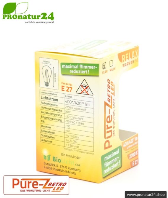 4,2 Watt LED Filament Pure-Z-Retro BIO LICHT | hell wie 40 Watt, 420 Lumen | Warmweiß (2700 Kelvin) | CRI >90, flimmerfrei (< 1%), E27