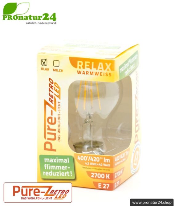 4,2 Watt LED Filament Pure-Z-Retro BIO LICHT | hell wie 40 Watt, 420 Lumen | Warmweiß (2700 Kelvin) | CRI >90, flimmerfrei (< 1%), E27