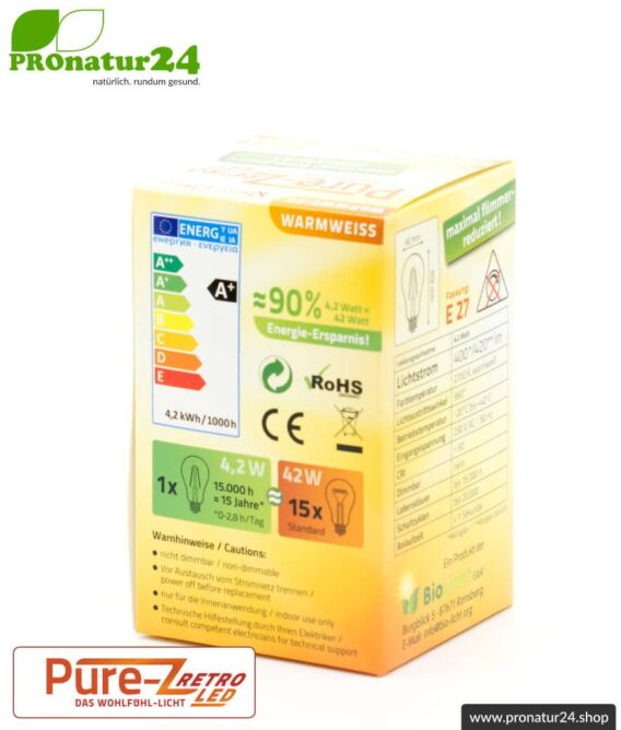 4,2 Watt LED Filament Pure-Z-Retro BIO LICHT | hell wie 40 Watt, 420 Lumen | Warmweiß (2700 Kelvin) | CRI >90, flimmerfrei (< 1%), E27