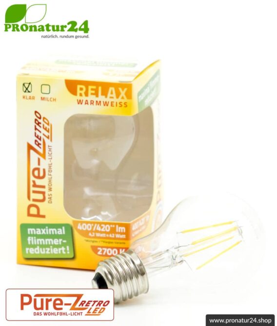 4,2 Watt LED Filament Pure-Z-Retro BIO LICHT | hell wie 40 Watt, 420 Lumen | Warmweiß (2700 Kelvin) | CRI >90, flimmerfrei (< 1%), E27