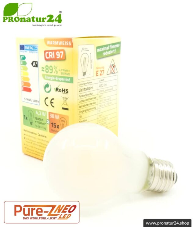 4,2 Watt LED Filament Pure-Z NEO von BioLicht | Mattglas | CRI 97 | Hell wie 38 Watt, 400 Lumen | warmweiß (2700 K) | flimmerfrei (< 1%), E27 Sockel