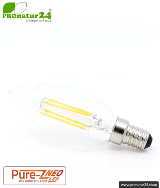 4 Watt LED Filament Pure-Z NEO von BioLicht | Klarglas | CRI 97 | Hell wie 38 Watt, 400 Lumen | warmweiß (2700 K) | flimmerfrei (< 1%), E14 Sockel