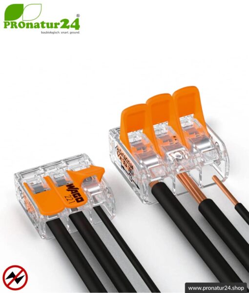 WAGO Compact Verbindungsklemme, Serie 221 | Modell 221-413 | für 3 ein-, fein- und mehrdrähtige Leiter | Leiterquerschnitt 0,14 bis 4 mm² | 450V / 32 A | Alternative zur Lüsterklemme | 50 Stück. Feedbild.