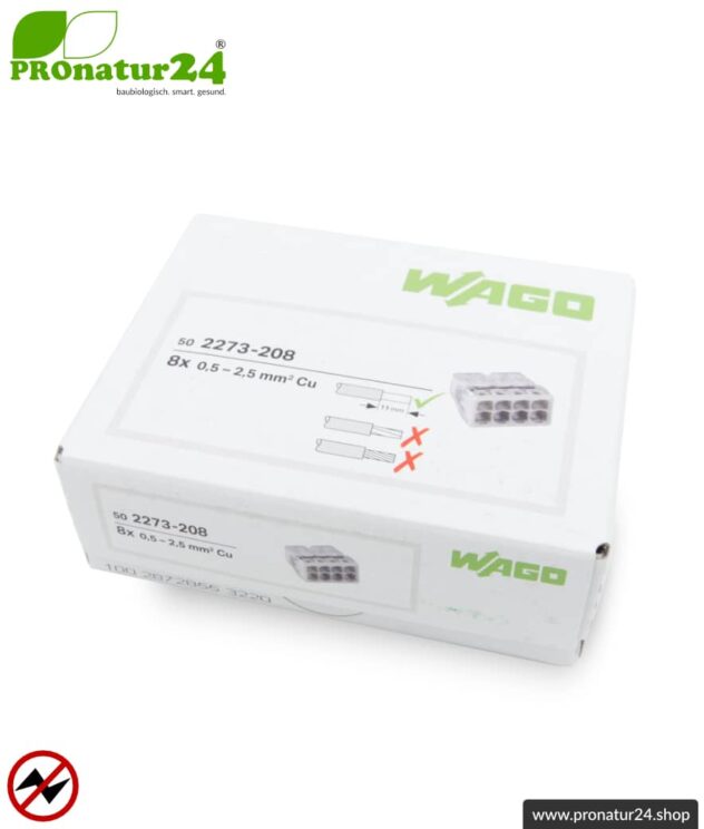 WAGO Compact Verbindungsdosenklemme | Modell 2273-208 | für 8 eindrähtige Leiter | Leiterquerschnitt 0,5 bis 2,5 mm² | 450V / 24 A | Alternative zur Lüsterklemme