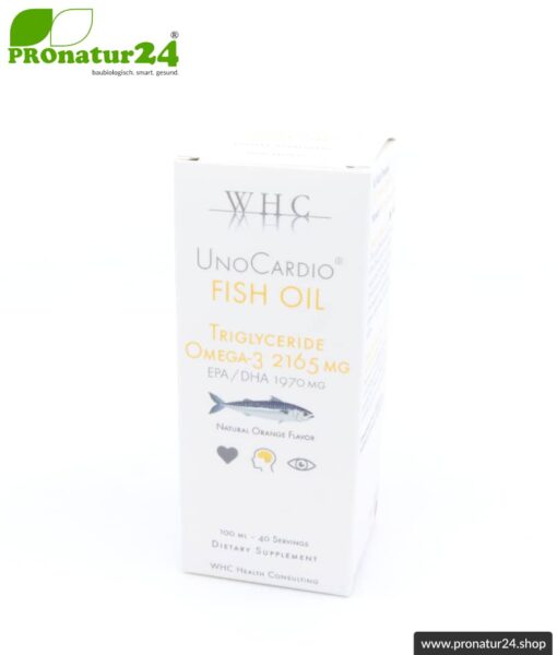 WHC UnoCardio ® Fish Oil | hochkonzentriertes Fischöl | natürlicher Geschmack nach Orangen | OMEGA-3 Fettsäuren | 100 ml Füllmenge