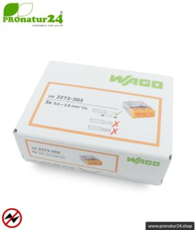 WAGO Compact Steckklemmen bzw. Verbindungsdosenklemmen | Modell 2273-203 | für 3 eindrähtige Leiter | Leiterquerschnitt 0,5 bis 2,5 mm² | 450V / 24 A | 100 Stück pro Packung