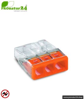 WAGO Compact Steckklemmen bzw. Verbindungsdosenklemmen | Modell 2273-203 | für 3 eindrähtige Leiter | Leiterquerschnitt 0,5 bis 2,5 mm² | 450V / 24 A | 100 Stück pro Packung