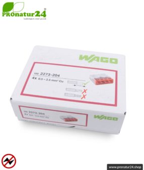 WAGO Compact Steckklemmen bzw. Verbindungsdosenklemmen | Modell 2273-204 | für 4 eindrähtige Leiter | Leiterquerschnitt 0,5 bis 2,5 mm² | 450V / 24 A | 100 Stück pro Packung