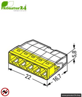 WAGO Compact Steckklemmen bzw. Verbindungsdosenklemmen | Modell 2273-205 | für 5 eindrähtige Leiter | Leiterquerschnitt 0,5 bis 2,5 mm² | 450V / 24 A | 100 Stück pro Packung
