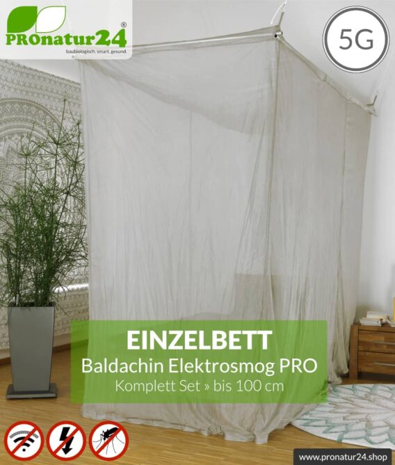 Abschirmender Baldachin Elektrosmog PRO | 99,999 % Schirmdämpfung gegen WLAN, Handystrahlung (HF Abschirmung bis 50 dB) | Erdbar | Wirkungsvoll gegen 5G! | Einzelbett. Set.