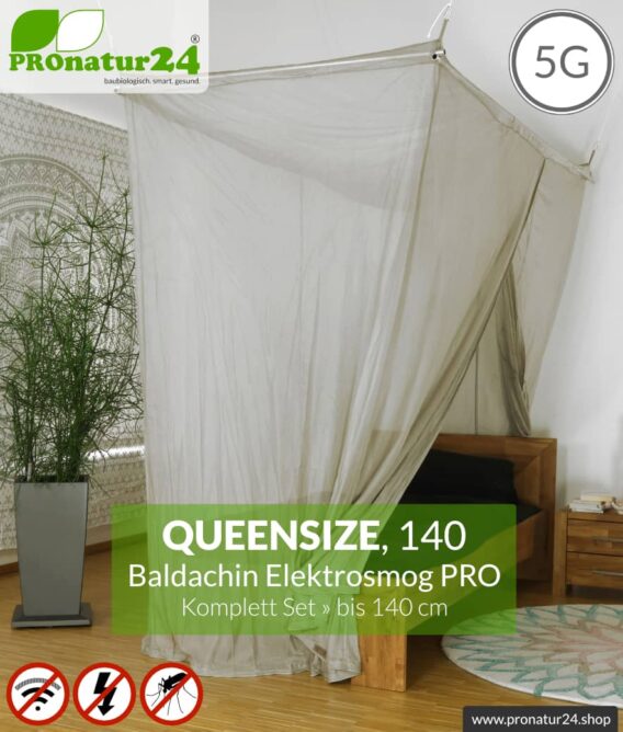 Abschirmender Baldachin Elektrosmog PRO | 99,999 % Schirmdämpfung gegen WLAN, Handystrahlung (HF Abschirmung bis 50 dB) | Erdbar | Wirkungsvoll gegen 5G! | Queensize 140. Set.