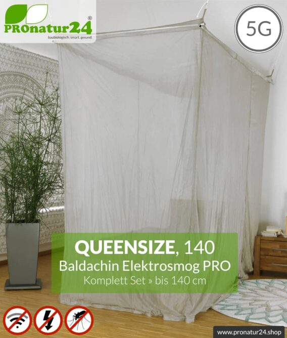 Abschirmender Baldachin Elektrosmog PRO | 99,999 % Schirmdämpfung gegen WLAN, Handystrahlung (HF Abschirmung bis 50 dB) | Erdbar | Wirkungsvoll gegen 5G! | Queensize 140. Set.