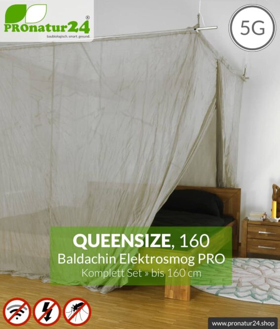Abschirmender Baldachin Elektrosmog PRO | 99,999 % Schirmdämpfung gegen WLAN, Handystrahlung (HF Abschirmung bis 50 dB) | Erdbar | Wirkungsvoll gegen 5G! | Queensize 160. Set.