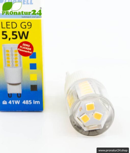 5,5 Watt LED G9 von DANELL | CRI 95 | Hell wie 41 Watt, 485 Lumen | warmweiß (2970 K) | flimmerfrei (< 1%), G9 Sockel (Halogen)