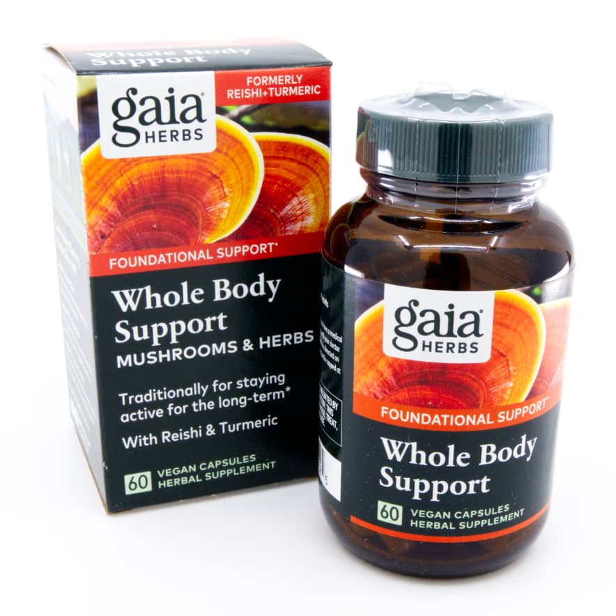 WHOLE BODY SUPPORT von Gaia Herbs | Reishi, Shiitake, Kurkuma und Ingwer für's tägliche Plus an Energie | Pilze, Vitalpilze & Kräuter | 60 Kapseln.