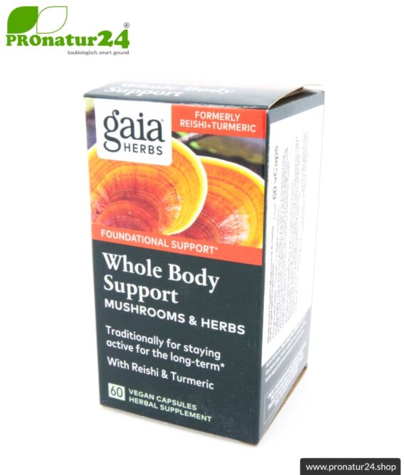 WHOLE BODY SUPPORT von Gaia Herbs | Reishi, Shiitake, Kurkuma und Ingwer für's tägliche Plus an Energie | Pilze, Vitalpilze & Kräuter | 60 Kapseln