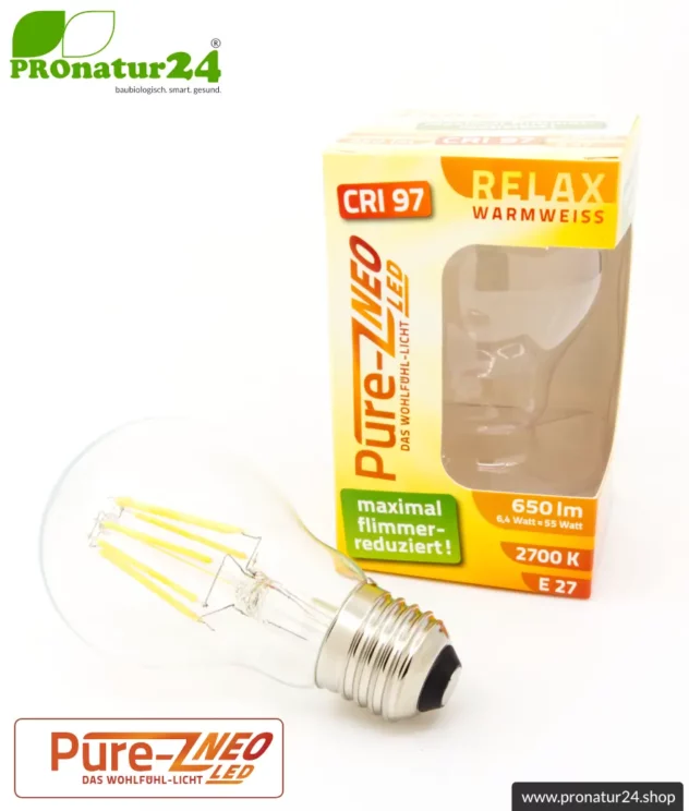 6,4 Watt LED Filament Pure-Z NEO von BioLicht | CRI 97 | Hell wie 55 Watt, 650 Lumen | warmweiß (2700 K) | flimmerfrei (< 1%), E27 Sockel