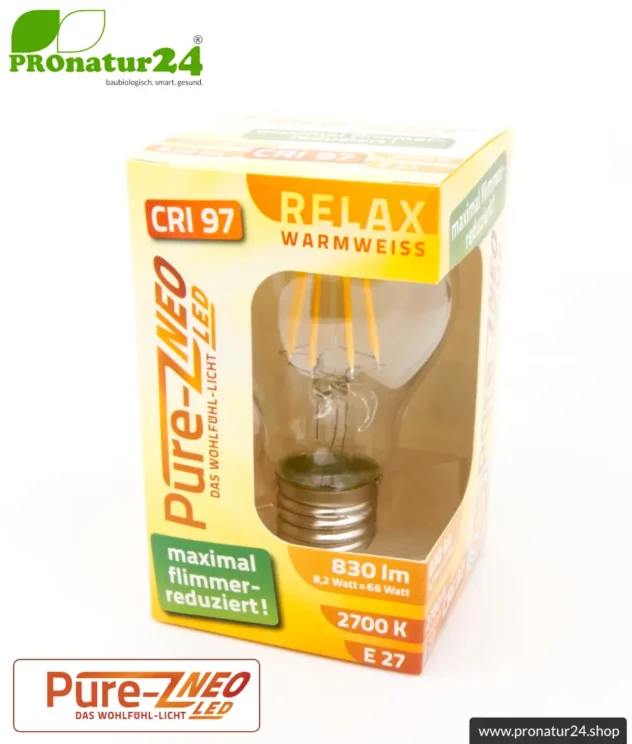 8,2 Watt LED Filament Pure-Z NEO von BioLicht | CRI 97 | Hell wie 66 Watt, 830 Lumen | warmweiß (2700 K) | flimmerfrei (< 1%), E27 Sockel