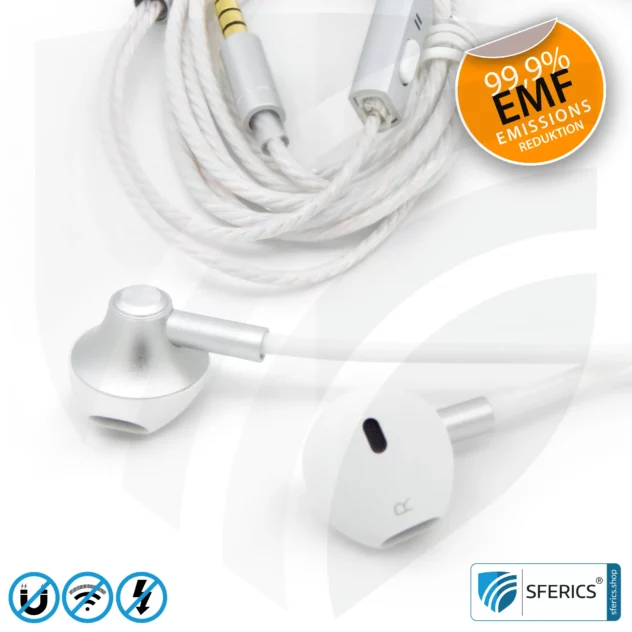 Luftkabel ergonomisch geformtes Stereo Headset mit Mikrofon | AirTube MINI | strahlungsfreie Technologie ohne Elektrosmog | weiss-silber | mit Klinkenstecker